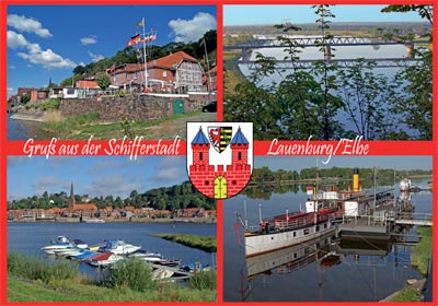 Ansichtskarte von Lauenburg im Querformat, mit 4 Farbfotos, mit rotem Rand und Stadtwappen in der Mitte, Textzeile in der Mittellinie