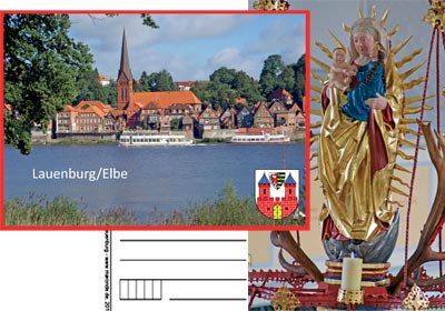 2 Ansichtskarten, 1 von Lauenburg vom Gegenufer der Elbe im Querformat, mit rotem Rand und Stadtwappen in der Ecke sowie Text im Bild, rechts aus Maria-Magdalenen-Kirche der Annen-Marien-Leuchter im Hochformat
